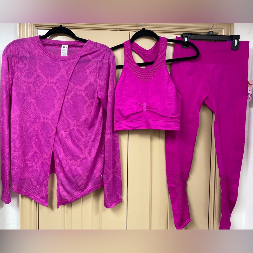 New Joy Lab Womens Hot Pink 7/8 Length High Rise Leggings, sports Bra and Top